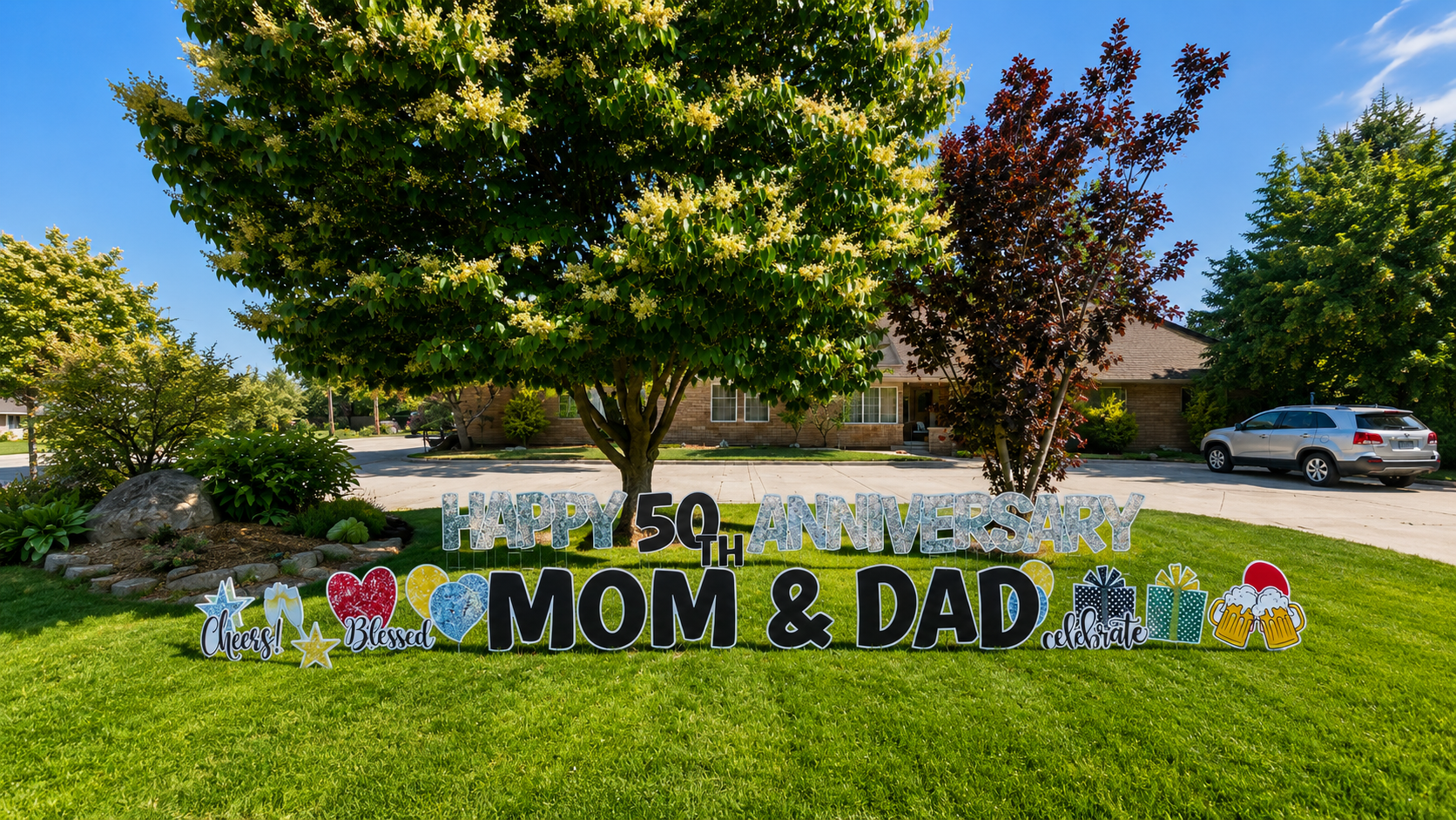 Happy 50th Anniversary Mom and Dad yard card display in Boise Idaho